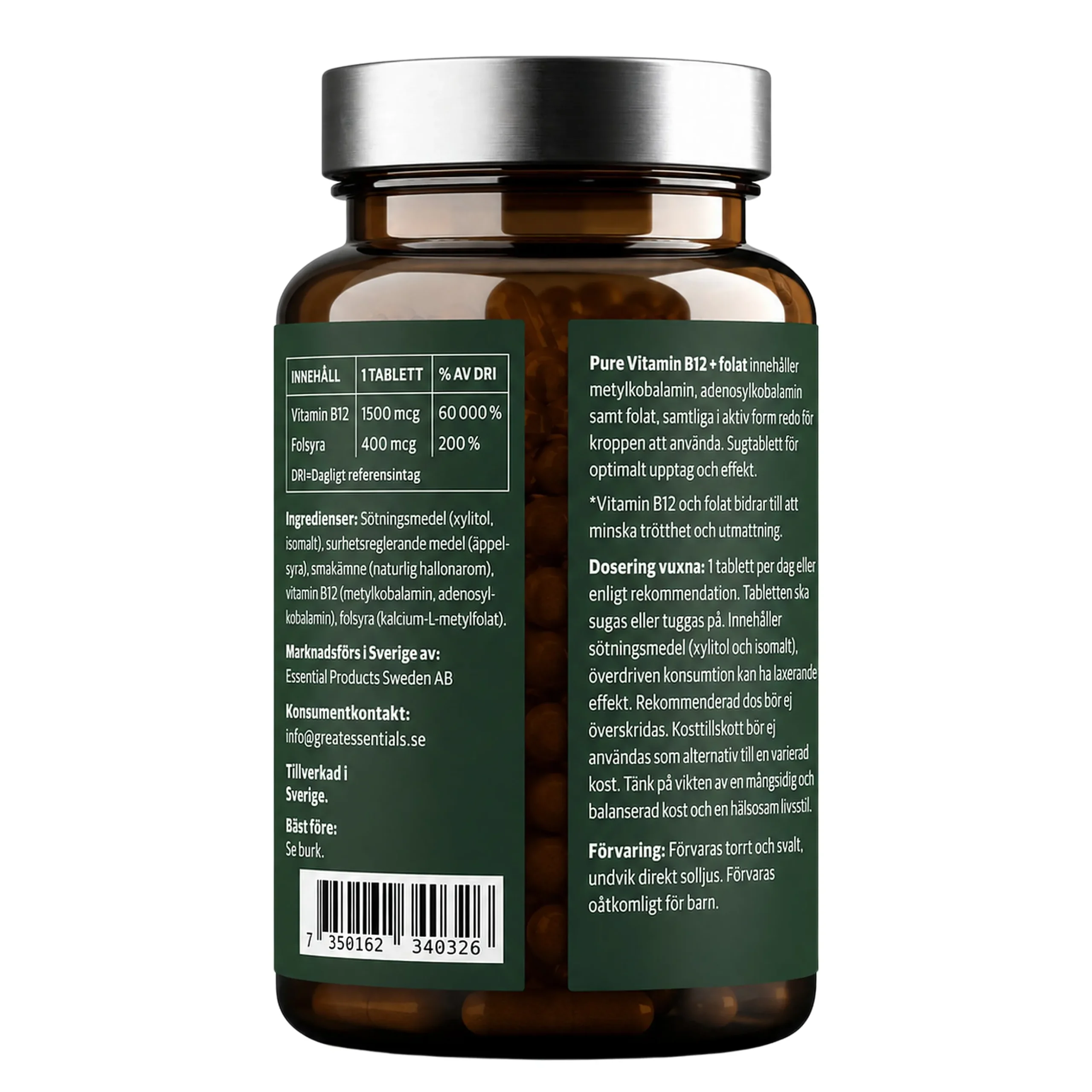 B12-vitamin Adenosyl-/Metylkobalamin 1500mcg + Folat Ekonomipack 2x90t